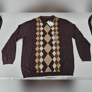 NWT Axcess Mens BROWN Argyle Diamond Crew Neck Knitted Pullover Sweater sz XXL